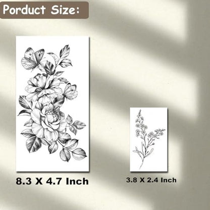 CHARLENT 23 Sheets Flower Temporary Tattoos for Women - Waterproof Realistic Rose Orchid Tiny Branch Sketch Fake Tattoos for Body Art