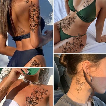 CHARLENT 23 Sheets Flower Temporary Tattoos for Women - Waterproof Realistic Rose Orchid Tiny Branch Sketch Fake Tattoos for Body Art