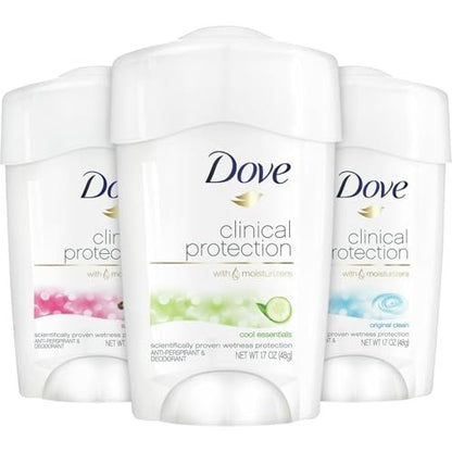 Dove Clinical Protection Antiperspirant Deodorant for Women, 3-Stick Variety Pack, 48-Hour Coverage, Sensitive Skin, 1.7 oz Each Avelisse