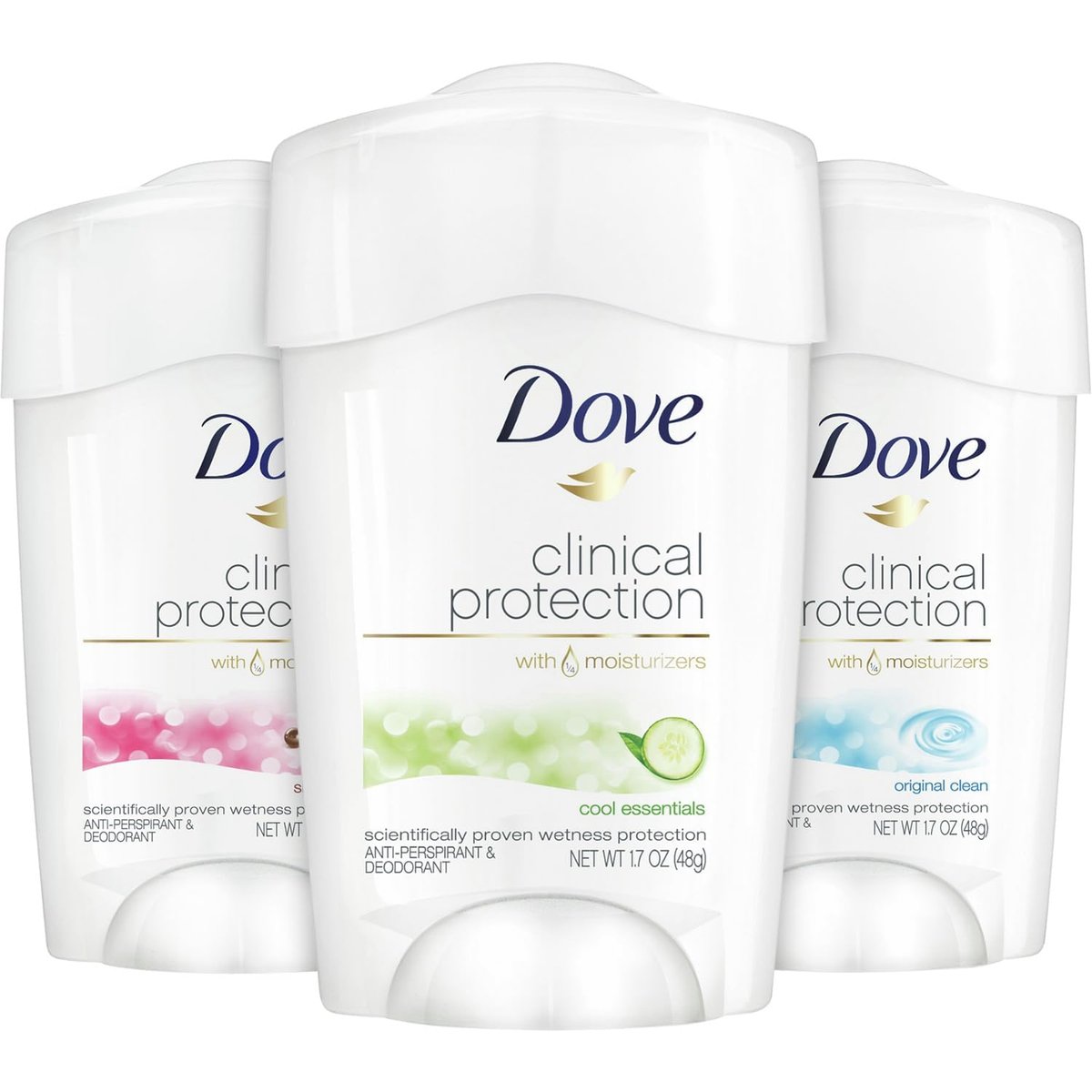 Dove Clinical Protection Antiperspirant Deodorant for Women, 3-Stick Variety Pack, 48-Hour Coverage, Sensitive Skin, 1.7 oz Each Avelisse