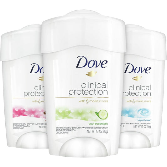 Dove Clinical Protection Antiperspirant Deodorant for Women, 3-Stick Variety Pack, 48-Hour Coverage, Sensitive Skin, 1.7 oz Each Avelisse