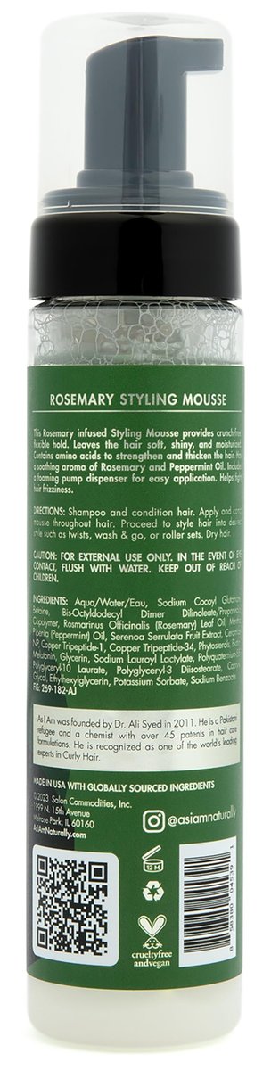 As I Am Rosemary Styling Mousse – 8 Fl Oz with Biotin & Saw Palmetto for Curly, Wavy, and Natural Hair