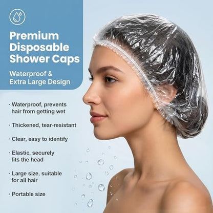 MAQIHAN 100 Disposable Shower Caps Large - Thickened Plastic Hair Caps for Deep Conditioning, Reusable Waterproof for Women Men, Hair Treatment Bath Cap for Long Hair Travel Essentials