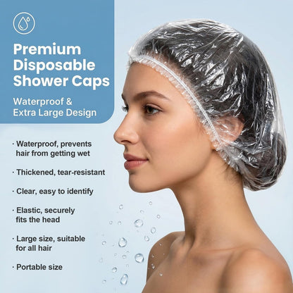 MAQIHAN 100 Disposable Shower Caps Large - Thickened Plastic Hair Caps for Deep Conditioning, Reusable Waterproof for Women Men, Hair Treatment Bath Cap for Long Hair Travel Essentials