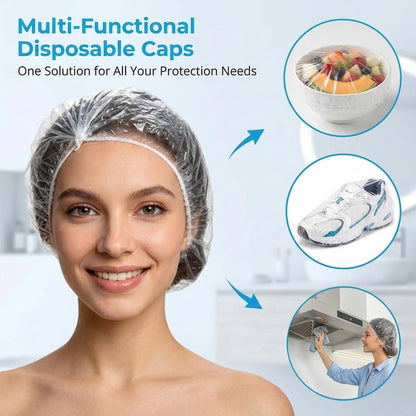 MAQIHAN 100 Disposable Shower Caps Large - Thickened Plastic Hair Caps for Deep Conditioning, Reusable Waterproof for Women Men, Hair Treatment Bath Cap for Long Hair Travel Essentials