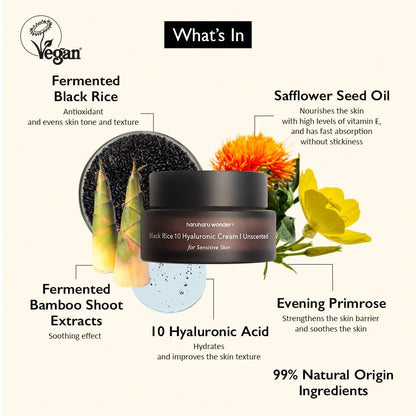 HARUHARU wonder Black Rice 10 Hyaluronic Cream Unscented - 1.6 fl oz Vegan Cruelty-Free Korean Moisturizer Avelisse