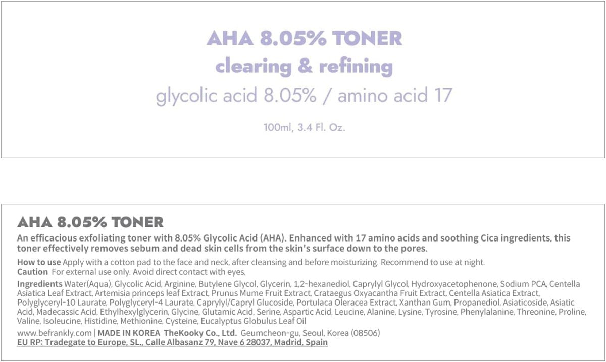FRANKLY AHA 8.05% Toner | Pore-Refining Exfoliator with Glycolic Acid, 17 Amino Acids, Hyaluronic Acid | Smooths Texture, Hydrates, Targets Flakiness | Korean Skin Care 3.38 fl oz - görsel 11