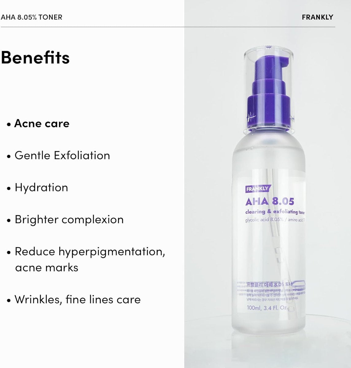 FRANKLY AHA 8.05% Toner | Pore-Refining Exfoliator with Glycolic Acid, 17 Amino Acids, Hyaluronic Acid | Smooths Texture, Hydrates, Targets Flakiness | Korean Skin Care 3.38 fl oz - görsel 3
