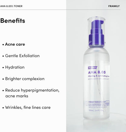 FRANKLY AHA 8.05% Toner | Pore-Refining Exfoliator with Glycolic Acid, 17 Amino Acids, Hyaluronic Acid | Smooths Texture, Hydrates, Targets Flakiness | Korean Skin Care 3.38 fl oz
