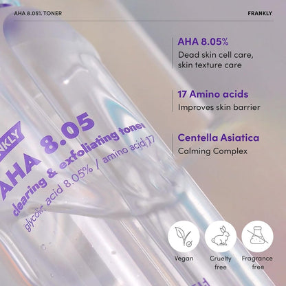 FRANKLY AHA 8.05% Toner | Pore-Refining Exfoliator with Glycolic Acid, 17 Amino Acids, Hyaluronic Acid | Smooths Texture, Hydrates, Targets Flakiness | Korean Skin Care 3.38 fl oz