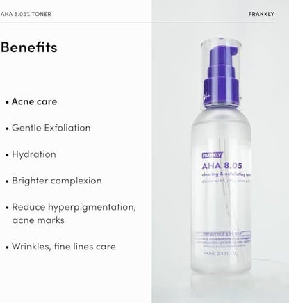 FRANKLY AHA 8.05% Toner | Pore-Refining Exfoliator with Glycolic Acid, 17 Amino Acids, Hyaluronic Acid | Smooths Texture, Hydrates, Targets Flakiness | Korean Skin Care 3.38 fl oz