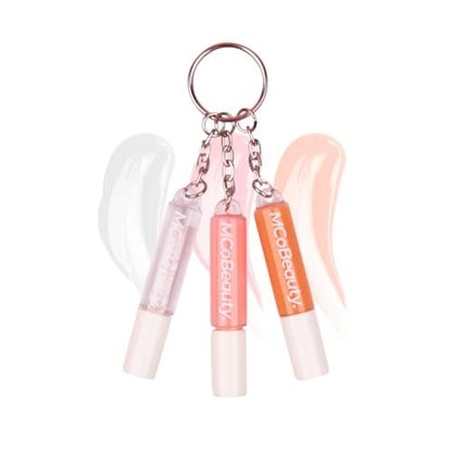 MCoBeauty Lip Gloss Trio - 3 in 1 Keychain Mini Glosses Set - High Shine Hydrating Non Sticky Clear Tinted Lip Color Pack - Doe Foot Applicator - For On the Go Makeup - Vegan & Cruelty Free
