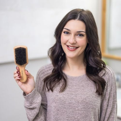 GranNaturals Soft Boar Bristle Slick Back Hair Brush for Smoothing, Fades, Beards, 360 Waves & Sleek Ponytail Bun - Natural Wood, Boar Bristle Hairbrush for Women & Men