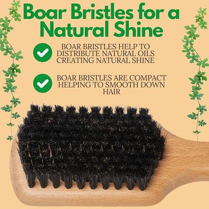 GranNaturals Soft Boar Bristle Slick Back Hair Brush for Smoothing, Fades, Beards, 360 Waves & Sleek Ponytail Bun - Natural Wood, Boar Bristle Hairbrush for Women & Men