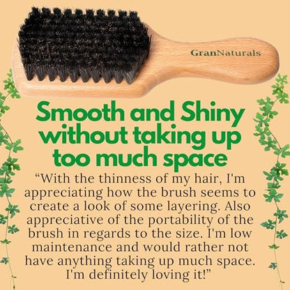 GranNaturals Soft Boar Bristle Slick Back Hair Brush for Smoothing, Fades, Beards, 360 Waves & Sleek Ponytail Bun - Natural Wood, Boar Bristle Hairbrush for Women & Men