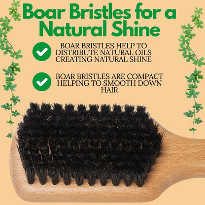 GranNaturals Soft Boar Bristle Slick Back Hair Brush for Smoothing, Fades, Beards, 360 Waves & Sleek Ponytail Bun - Natural Wood, Boar Bristle Hairbrush for Women & Men