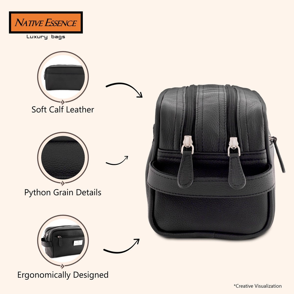 NATIVE ESSENCE Leather Toiletry Bag - Black Genuine Calf Leather Travel Bag, Handmade Cosmetic Pouch, Luxury Shaving Bag, Bathroom Organizer, Stylish Grooming Kit for Men and Women Gift Packed - görsel 11