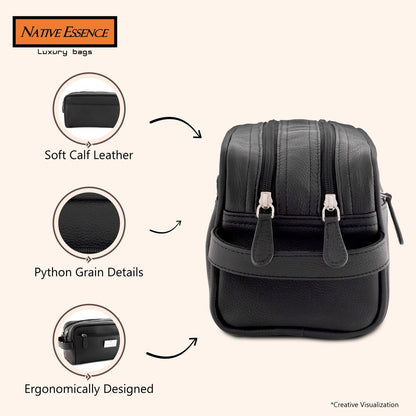 NATIVE ESSENCE Leather Toiletry Bag - Black Genuine Calf Leather Travel Bag, Handmade Cosmetic Pouch, Luxury Shaving Bag, Bathroom Organizer, Stylish Grooming Kit for Men and Women Gift Packed