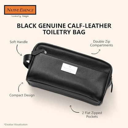 NATIVE ESSENCE Leather Toiletry Bag - Black Genuine Calf Leather Travel Bag, Handmade Cosmetic Pouch, Luxury Shaving Bag, Bathroom Organizer, Stylish Grooming Kit for Men and Women Gift Packed