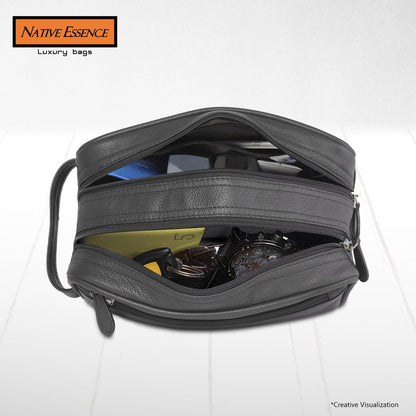 NATIVE ESSENCE Leather Toiletry Bag - Black Genuine Calf Leather Travel Bag, Handmade Cosmetic Pouch, Luxury Shaving Bag, Bathroom Organizer, Stylish Grooming Kit for Men and Women Gift Packed
