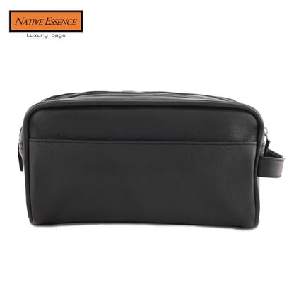 NATIVE ESSENCE Leather Toiletry Bag - Black Genuine Calf Leather Travel Bag, Handmade Cosmetic Pouch, Luxury Shaving Bag, Bathroom Organizer, Stylish Grooming Kit for Men and Women Gift Packed