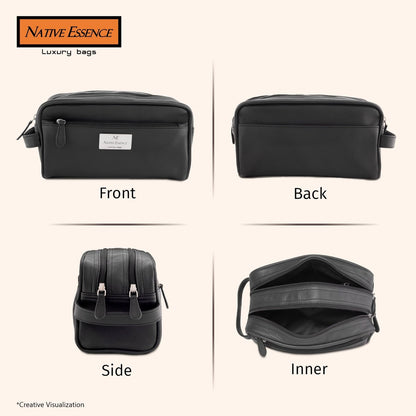 NATIVE ESSENCE Leather Toiletry Bag - Black Genuine Calf Leather Travel Bag, Handmade Cosmetic Pouch, Luxury Shaving Bag, Bathroom Organizer, Stylish Grooming Kit for Men and Women Gift Packed