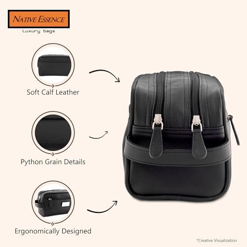 NATIVE ESSENCE Leather Toiletry Bag - Black Genuine Calf Leather Travel Bag, Handmade Cosmetic Pouch, Luxury Shaving Bag, Bathroom Organizer, Stylish Grooming Kit for Men and Women Gift Packed - görsel 12