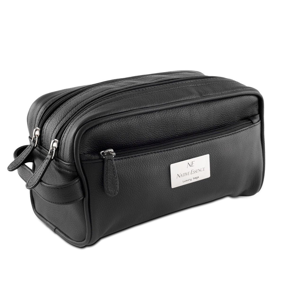 NATIVE ESSENCE Leather Toiletry Bag - Black Genuine Calf Leather Travel Bag, Handmade Cosmetic Pouch, Luxury Shaving Bag, Bathroom Organizer, Stylish Grooming Kit for Men and Women Gift Packed - görsel 1