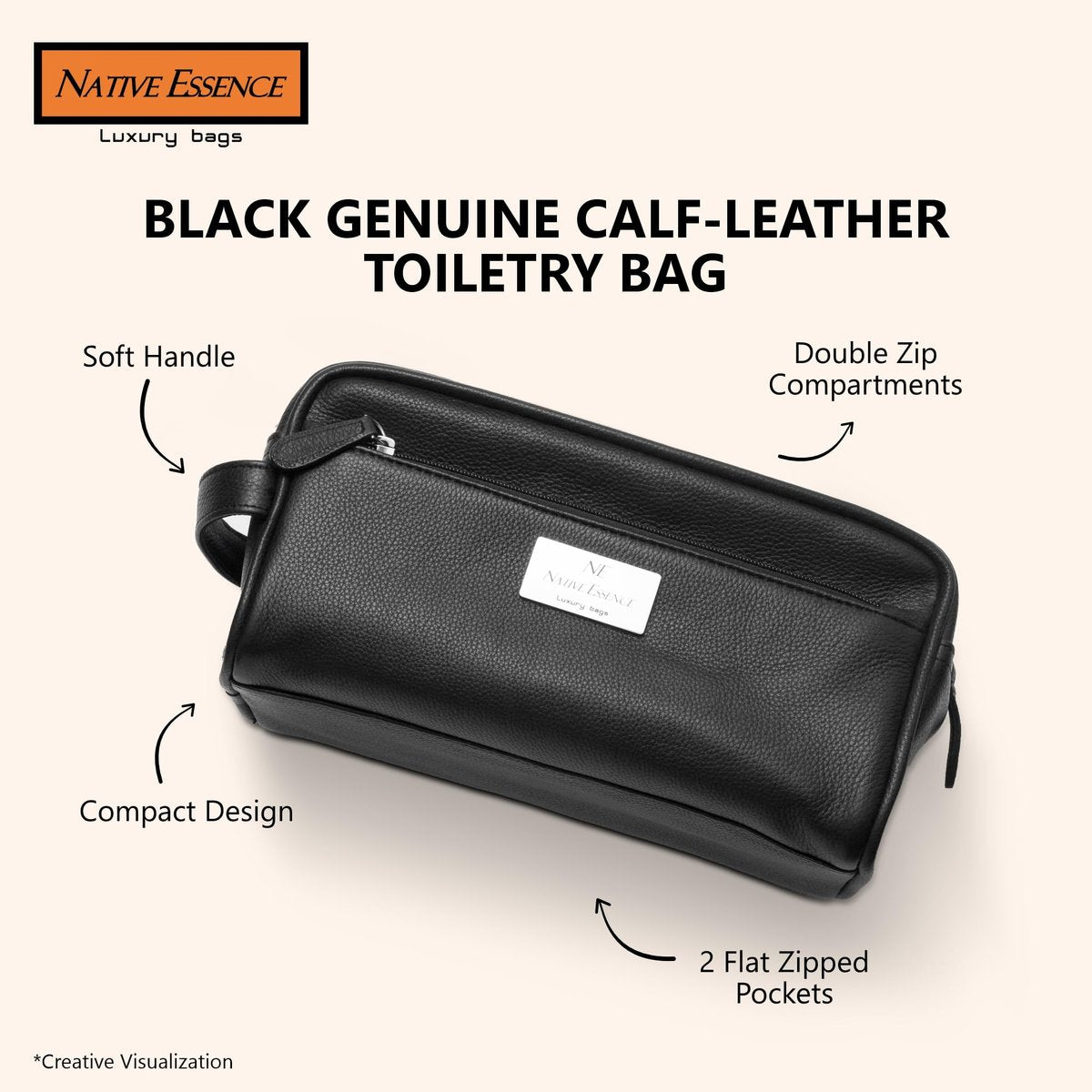 NATIVE ESSENCE Leather Toiletry Bag - Black Genuine Calf Leather Travel Bag, Handmade Cosmetic Pouch, Luxury Shaving Bag, Bathroom Organizer, Stylish Grooming Kit for Men and Women Gift Packed - görsel 15