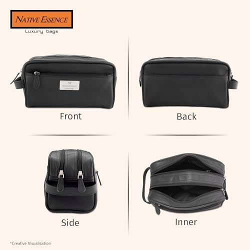 NATIVE ESSENCE Leather Toiletry Bag - Black Genuine Calf Leather Travel Bag, Handmade Cosmetic Pouch, Luxury Shaving Bag, Bathroom Organizer, Stylish Grooming Kit for Men and Women Gift Packed - görsel 14