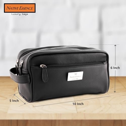 NATIVE ESSENCE Leather Toiletry Bag - Black Genuine Calf Leather Travel Bag, Handmade Cosmetic Pouch, Luxury Shaving Bag, Bathroom Organizer, Stylish Grooming Kit for Men and Women Gift Packed - görsel 8
