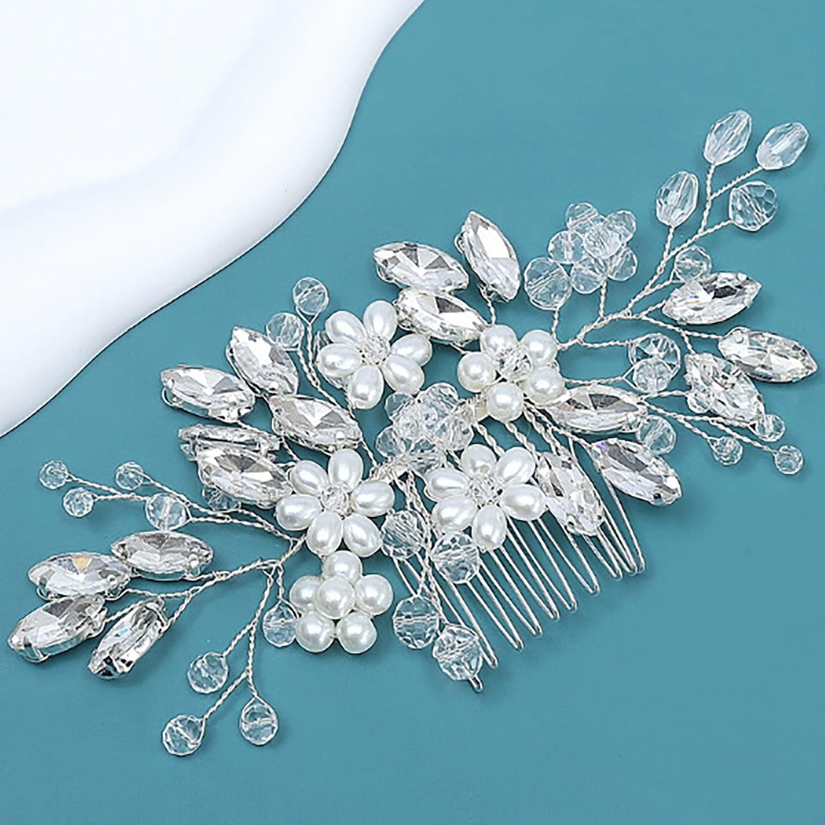 Silver Pearl Flower Hair Comb – Wedding Bridal Hair Accessory for Women - görsel 7