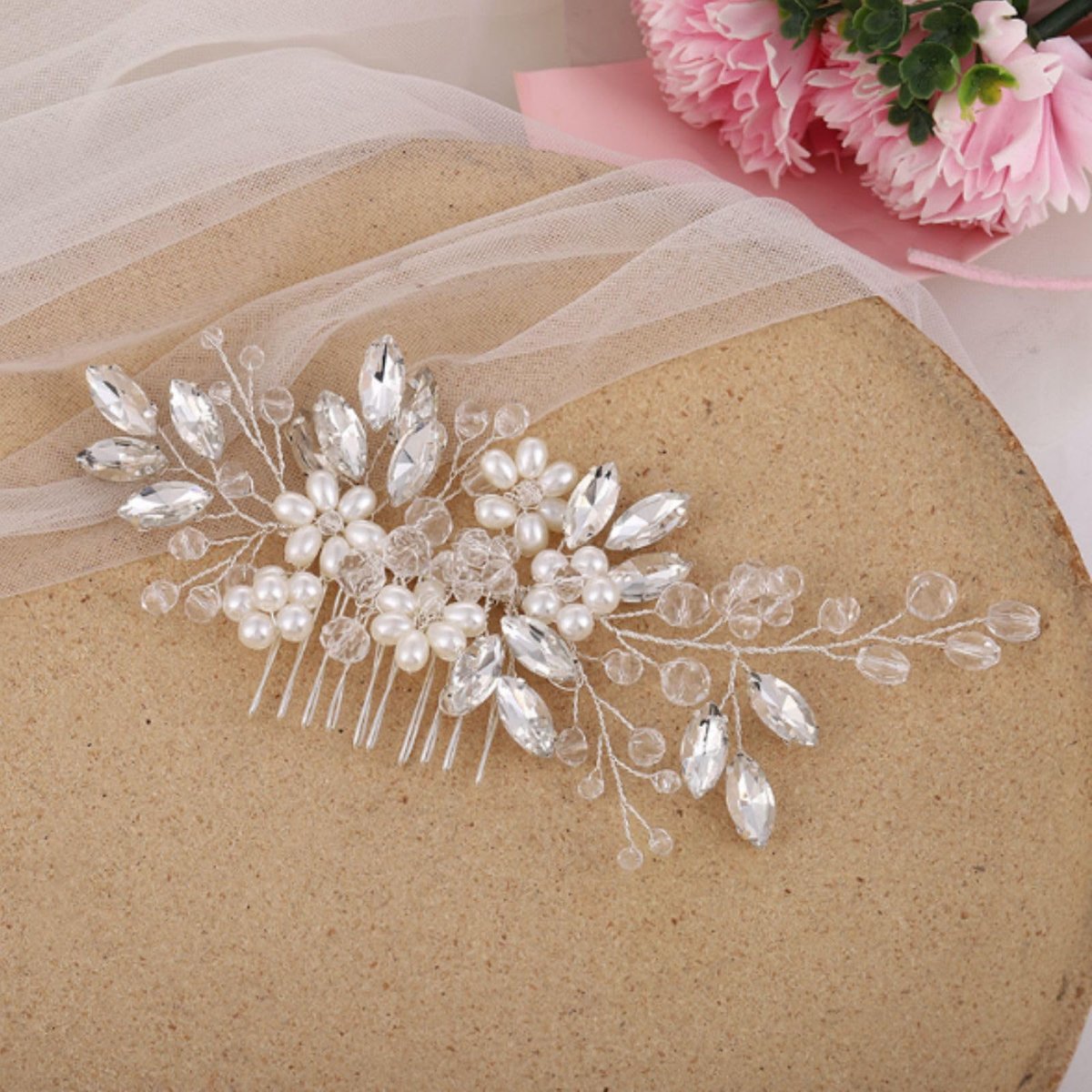Silver Pearl Flower Hair Comb – Wedding Bridal Hair Accessory for Women - görsel 9