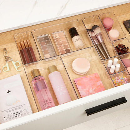 Vtopmart 10 Pcs Clear Plastic Makeup Drawer Organizer Bins Set - Acrylic Vanity Storage Trays for Cosmetics, Toiletries, Jewelry, Gadgets, Office Supplies