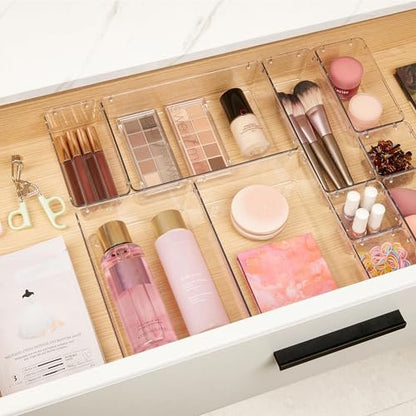 Vtopmart 10 Pcs Clear Plastic Makeup Drawer Organizer Bins Set - Acrylic Vanity Storage Trays for Cosmetics, Toiletries, Jewelry, Gadgets, Office Supplies
