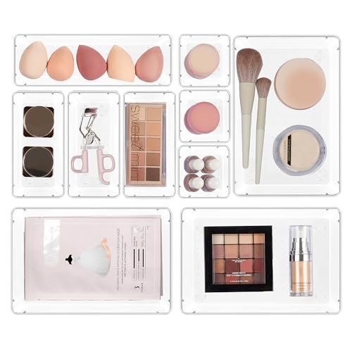 Vtopmart 10 Pcs Clear Plastic Makeup Drawer Organizer Bins Set - Acrylic Vanity Storage Trays for Cosmetics, Toiletries, Jewelry, Gadgets, Office Supplies - görsel 1