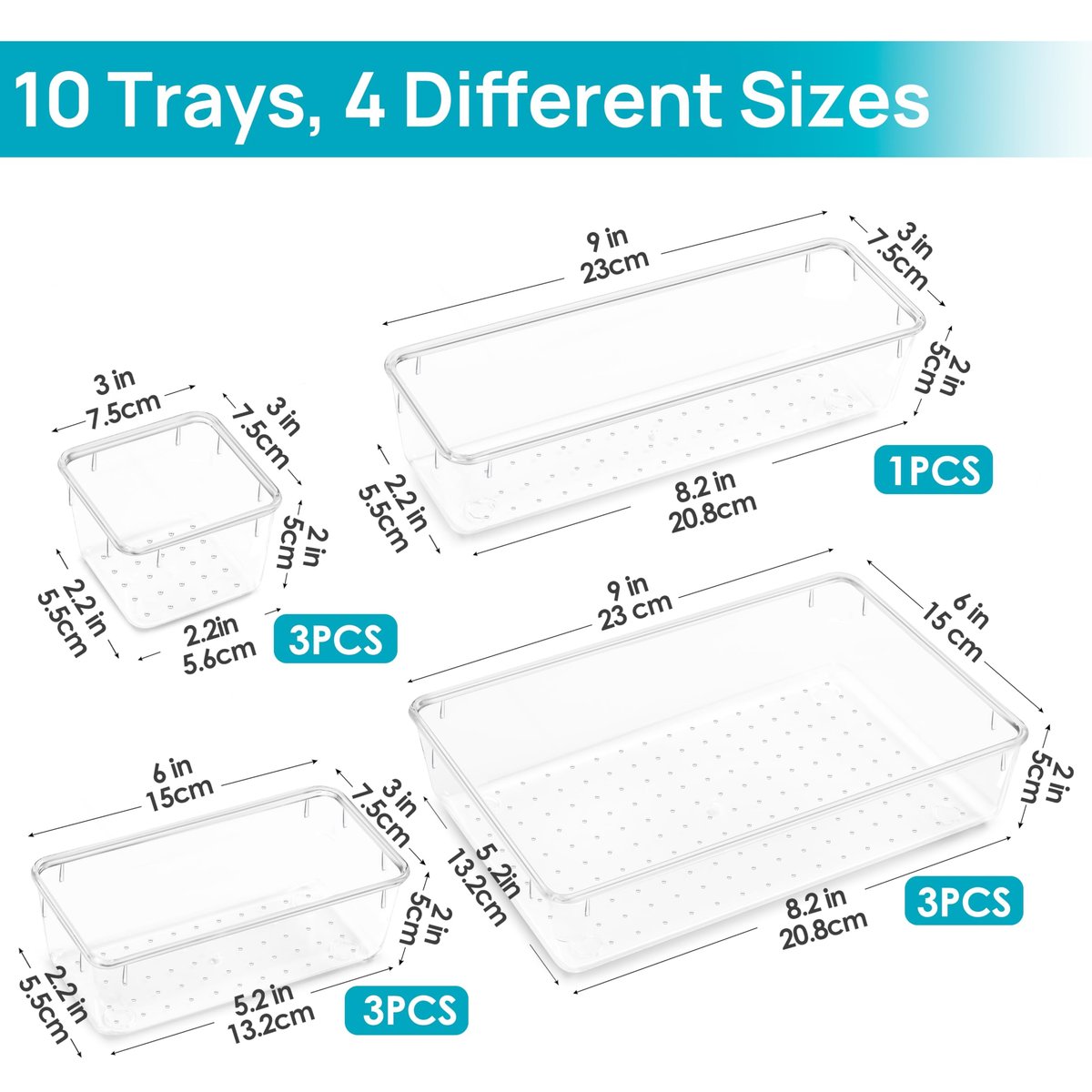Vtopmart 10 Pcs Clear Plastic Makeup Drawer Organizer Bins Set - Acrylic Vanity Storage Trays for Cosmetics, Toiletries, Jewelry, Gadgets, Office Supplies - görsel 10