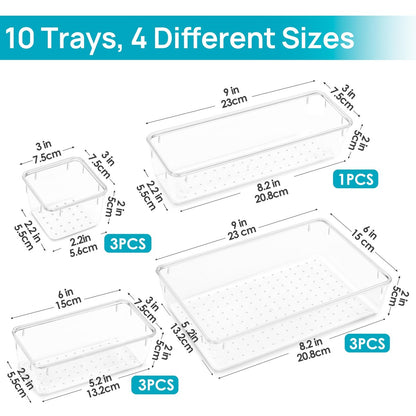 Vtopmart 10 Pcs Clear Plastic Makeup Drawer Organizer Bins Set - Acrylic Vanity Storage Trays for Cosmetics, Toiletries, Jewelry, Gadgets, Office Supplies