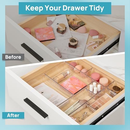 Vtopmart 10 Pcs Clear Plastic Makeup Drawer Organizer Bins Set - Acrylic Vanity Storage Trays for Cosmetics, Toiletries, Jewelry, Gadgets, Office Supplies - görsel 7