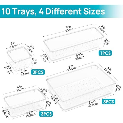Vtopmart 10 Pcs Clear Plastic Makeup Drawer Organizer Bins Set - Acrylic Vanity Storage Trays for Cosmetics, Toiletries, Jewelry, Gadgets, Office Supplies - görsel 9