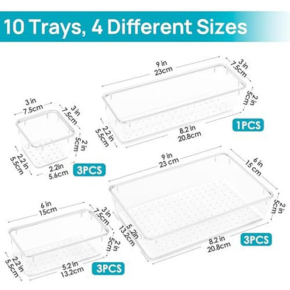 Vtopmart 10 Pcs Clear Plastic Makeup Drawer Organizer Bins Set - Acrylic Vanity Storage Trays for Cosmetics, Toiletries, Jewelry, Gadgets, Office Supplies