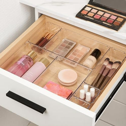 Vtopmart 10 Pcs Clear Plastic Makeup Drawer Organizer Bins Set - Acrylic Vanity Storage Trays for Cosmetics, Toiletries, Jewelry, Gadgets, Office Supplies
