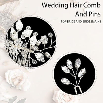 Crystal Wedding Hair Comb Set - Rhinestone Hair Pins with Pearls for Bride, Bridesmaids, Flower Girls (Silver, 3-Pack) Avelisse