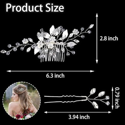 Crystal Wedding Hair Comb Set - Rhinestone Hair Pins with Pearls for Bride, Bridesmaids, Flower Girls (Silver, 3-Pack) Avelisse