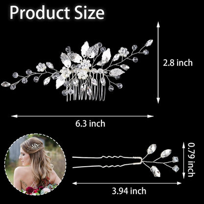 Crystal Wedding Hair Comb Set - Rhinestone Hair Pins with Pearls for Bride, Bridesmaids, Flower Girls (Silver, 3-Pack) Avelisse