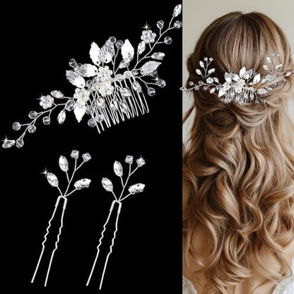 Crystal Wedding Hair Comb Set - Rhinestone Hair Pins with Pearls for Bride, Bridesmaids, Flower Girls (Silver, 3-Pack) Avelisse