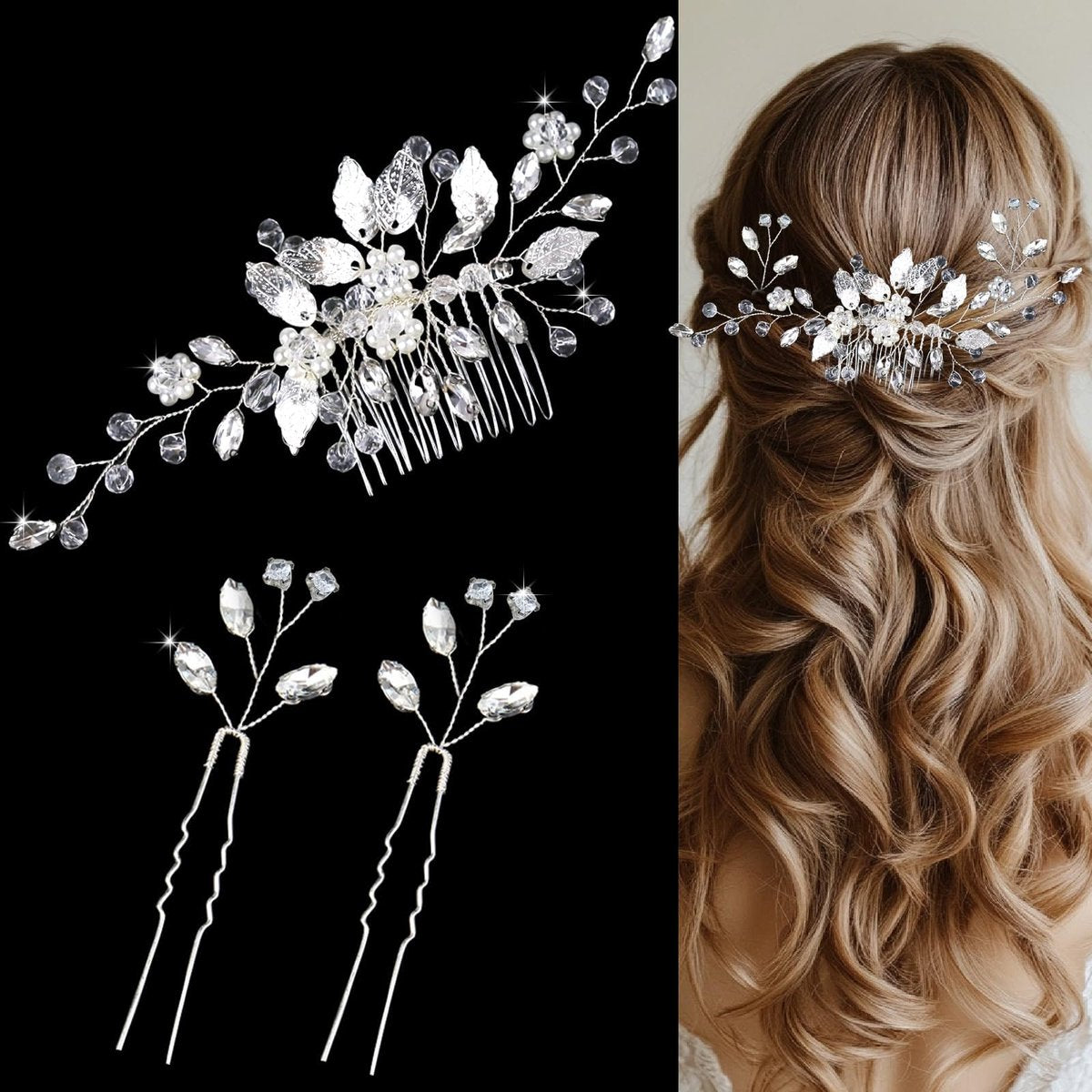 Crystal Wedding Hair Comb Set - Rhinestone Hair Pins with Pearls for Bride, Bridesmaids, Flower Girls (Silver, 3-Pack) Avelisse