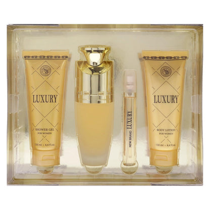 New Brand Luxury for Women - 4 Piece Gift Set: Eau de Parfum Spray 3.3 oz, Shower Gel 4.4 oz, Body Lotion 4.4 oz, Travel Spray 0.5 oz - Cranberry