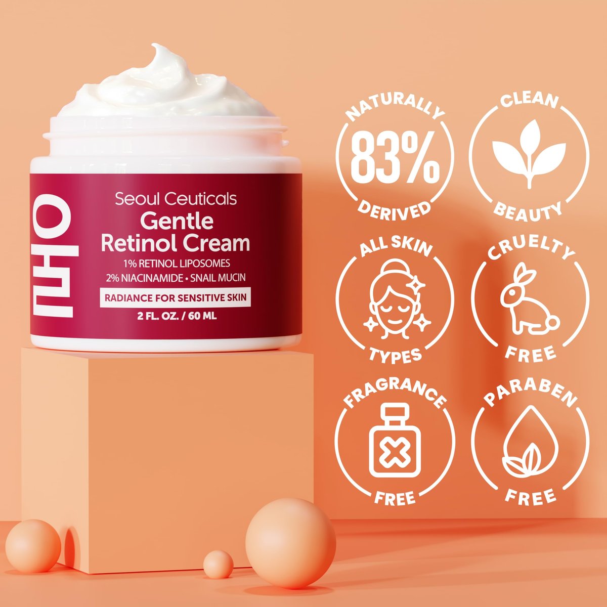 SeoulCeuticals 1% Korean Retinol Night Cream - 97.5% Snail Mucin + 2% Niacinamide Moisturizer for Face - Gentle K Beauty for Sensitive Skin 2oz Avelisse