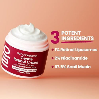 SeoulCeuticals 1% Korean Retinol Night Cream - 97.5% Snail Mucin + 2% Niacinamide Moisturizer for Face - Gentle K Beauty for Sensitive Skin 2oz Avelisse